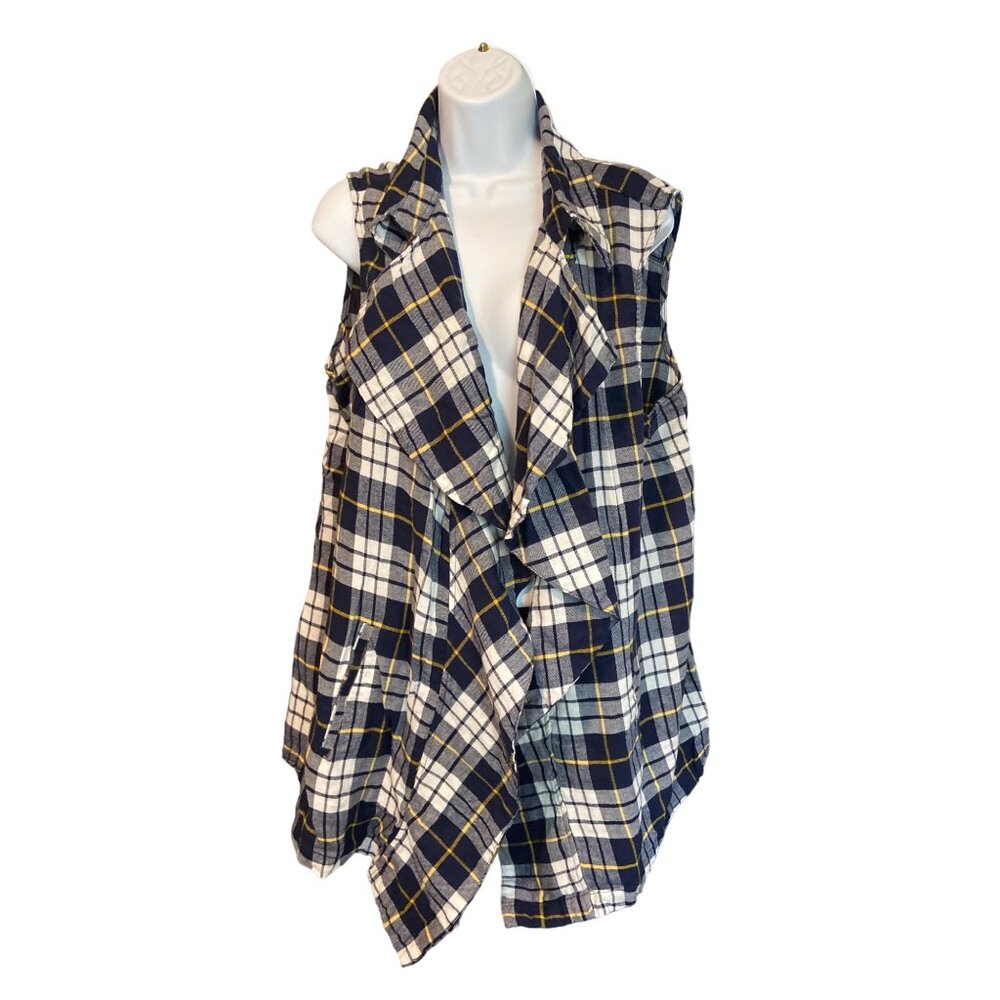Cato Womens Open Front Vest 22 24W Sleeveless Navy Yellow Plaid Academia Preppy